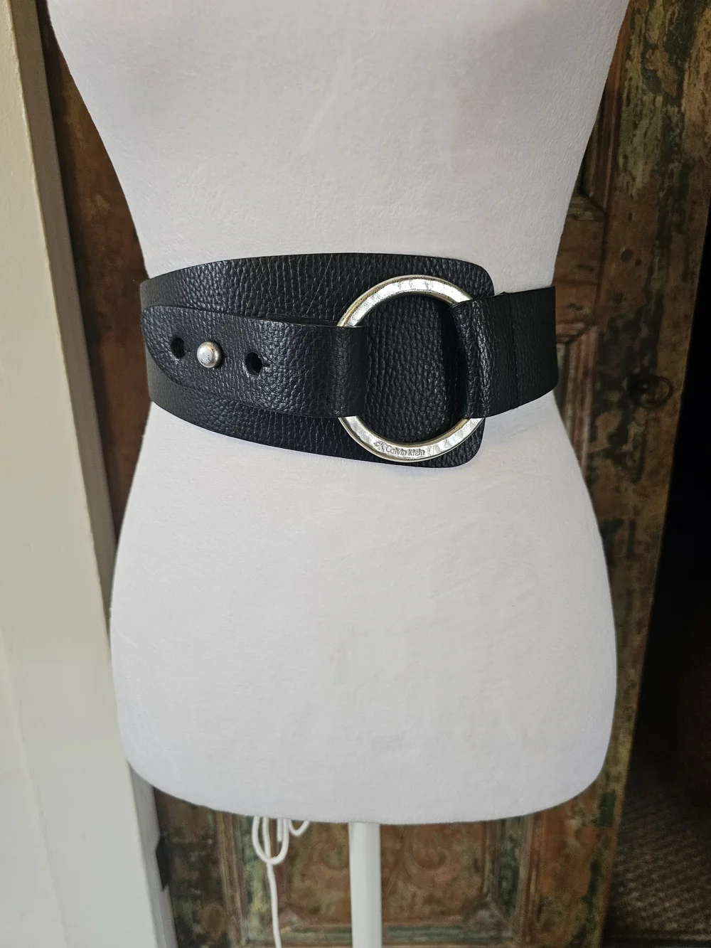 Calvin Klein 1990s Black Textured Waist Belt with Silver Ring